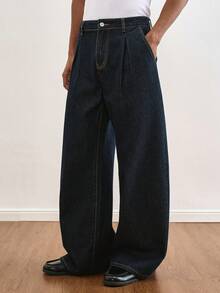 TOKVUE 男士休闲奢华水洗牛仔直筒阔腿裤 - 深色水洗藍 - 查看 3