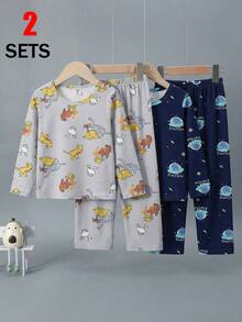 两件套男童宽松恐龙卡通印花长袖上衣和裤子睡衣套装，舒适针织面料，灰色和藏蓝色 - 彩色 - 查看 1