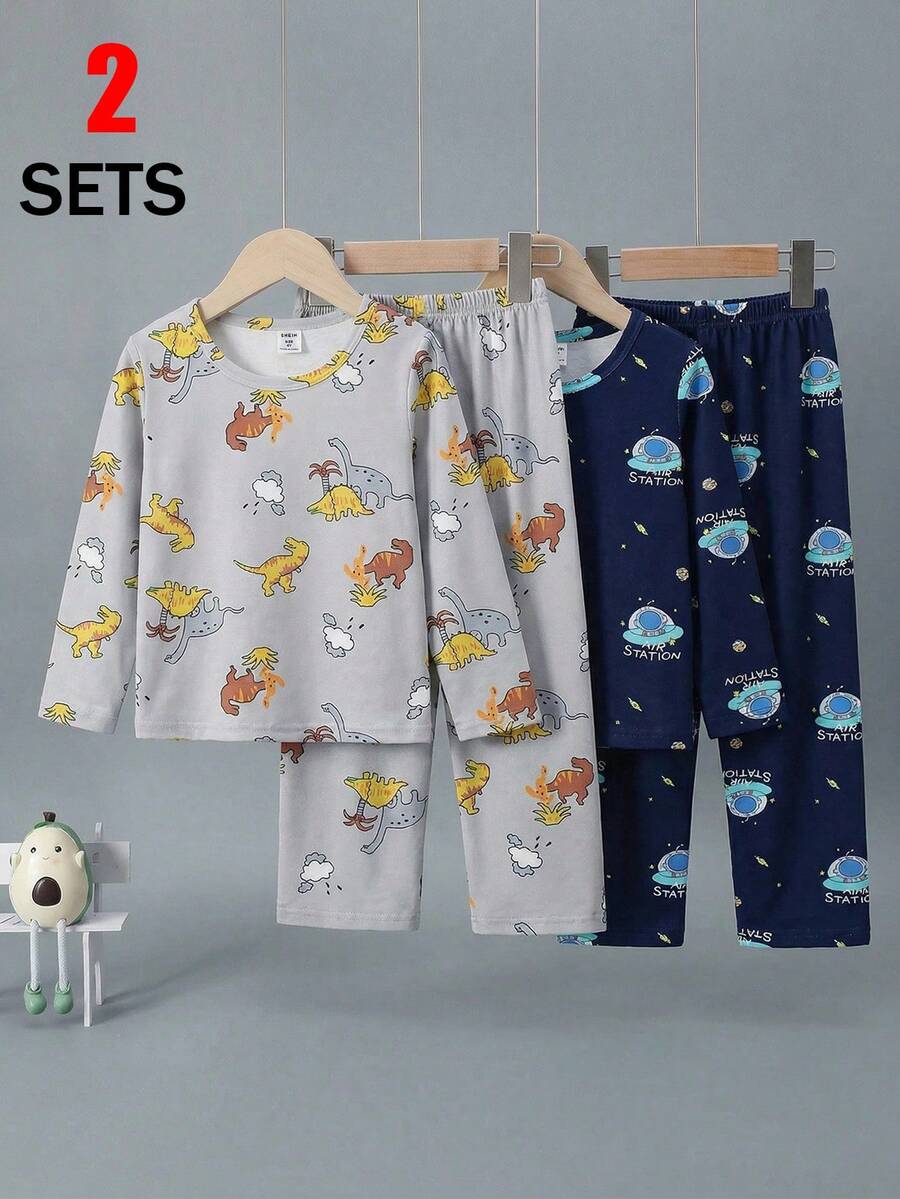 两件套男童宽松恐龙卡通印花长袖上衣和裤子睡衣套装，舒适针织面料，灰色和藏蓝色 - 彩色 - 查看 1