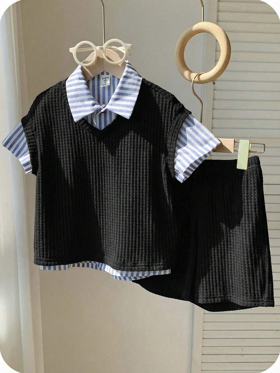 SHEIN 男童休闲校服三件套,包括背心、条纹衬衫和短裤,适合生日派对、晚宴、演出、婚礼、学校活动、洗礼、迎婴派对以及春夏秋季穿着。 - 黑色 - 查看 1