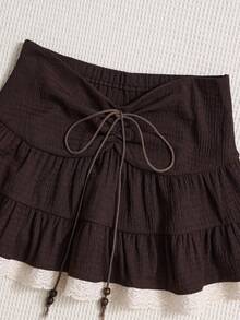 Sweetra 时尚优雅甜美少女风美拉德棕色系带串珠腰A字裙摆蕾丝点缀法式春夏新款女裙 - 棕色 - 查看 4