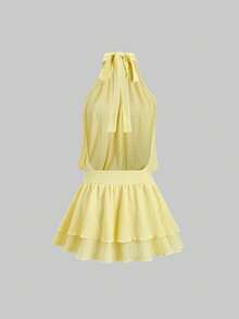 Sweetra 女士纹理针织露背吊带系带浪漫优雅度假连衣裙，春秋季 - 黃色 - 查看 2