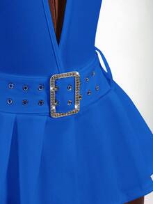 Amplova Deep V-Neck Metal Belt Buckle Decor Slit Pleated Hem Dress - Royal Blue - View 3