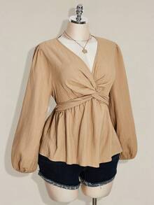 SHEIN ICON 大码女式扭结纹理黑色灯笼袖上衣 - 杏色 - 查看 6