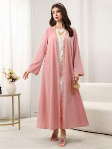 Yasmyna Women's Elegant Floral Lace Cloud Print Long Sleeve Arabic Abaya Robe, Spring/Summer - Pink - View 4