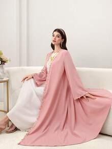 Yasmyna Women's Elegant Floral Lace Cloud Print Long Sleeve Arabic Abaya Robe, Spring/Summer - Pink - View 7