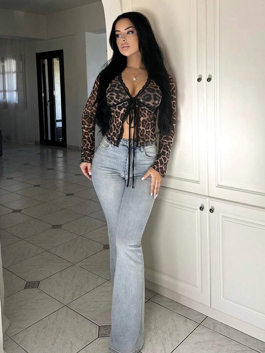 Vassilux Open Front Leopard Print Mesh & Lace Contrast,Ladies Sexy Contrast Lace,Tie Front Flare Sleeve V Neck Regular Fit Brown All Over Print,Animal,Leopard Print,Textured Pattern Women Tops,Spring/Fall,Casual Daily Wear Y2K Outfit  - Brown - View 1