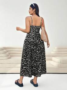 Solflare Plus Size Leopard Print Backless Dress With Adjustable Spaghetti Straps And Hidden Zipper For Summer Holiday Vacation - Grey - View 2