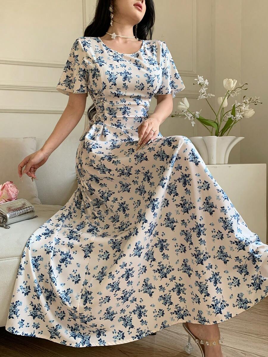 Celisse Đầm midi nữ eo chiết hoa văn hoa thanh lịch đi du lịch - Nhiều màu - Xem 1