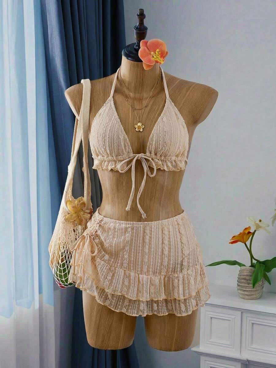 Bellisia 女士甜杏色蕾丝三角罩杯比基尼泳衣沙滩裙套装，夏季 - 杏色 - 查看 1