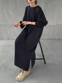 FRIFUL Women's Casual Letter Pattern Ruffle Trim Drop Shoulder Long Sleeve Dress, Autumn - Navy Blue - View 6