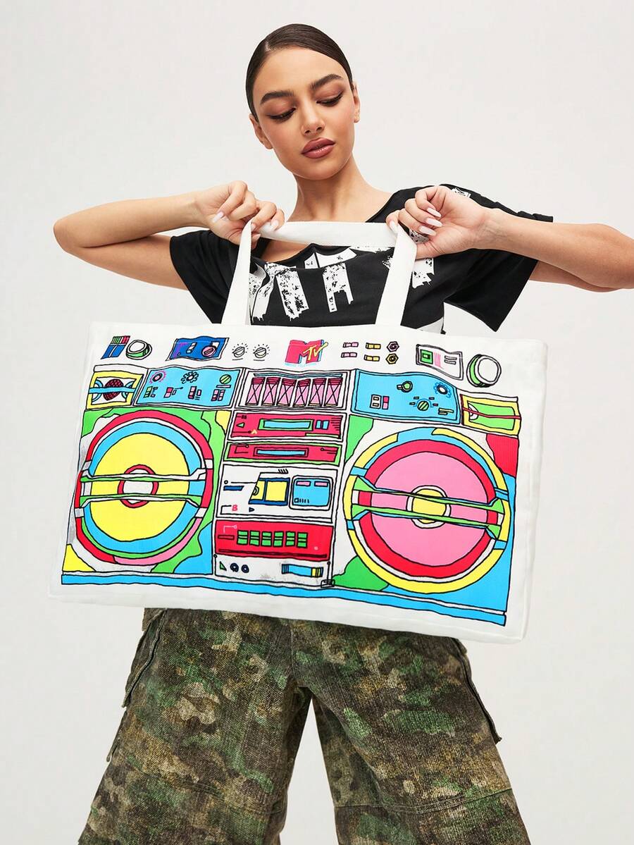 MTV | SHEIN 1个超大号手提购物袋，适合休闲、购物、音乐节、郊游，男女皆宜，也适合演讲者。 - 彩色 - 查看 1