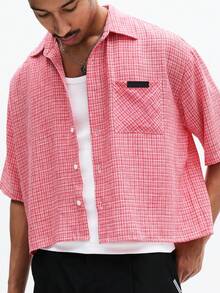 SUMWON Camisa casual de manga corta con botones y cuello, a cuadros rosas, para hombre, para verano y primavera - Rojo - Ver 4