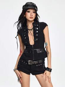 ROMWE Grunge Punk Punk Style Metal Buckle Deep V-Neck Fitted Women Shirt - Black - View 6