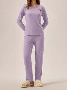 EURMUSE 100%Cotton Letter Embroidery Ribbed Knit Lounge Set - Lilac Purple - View 1