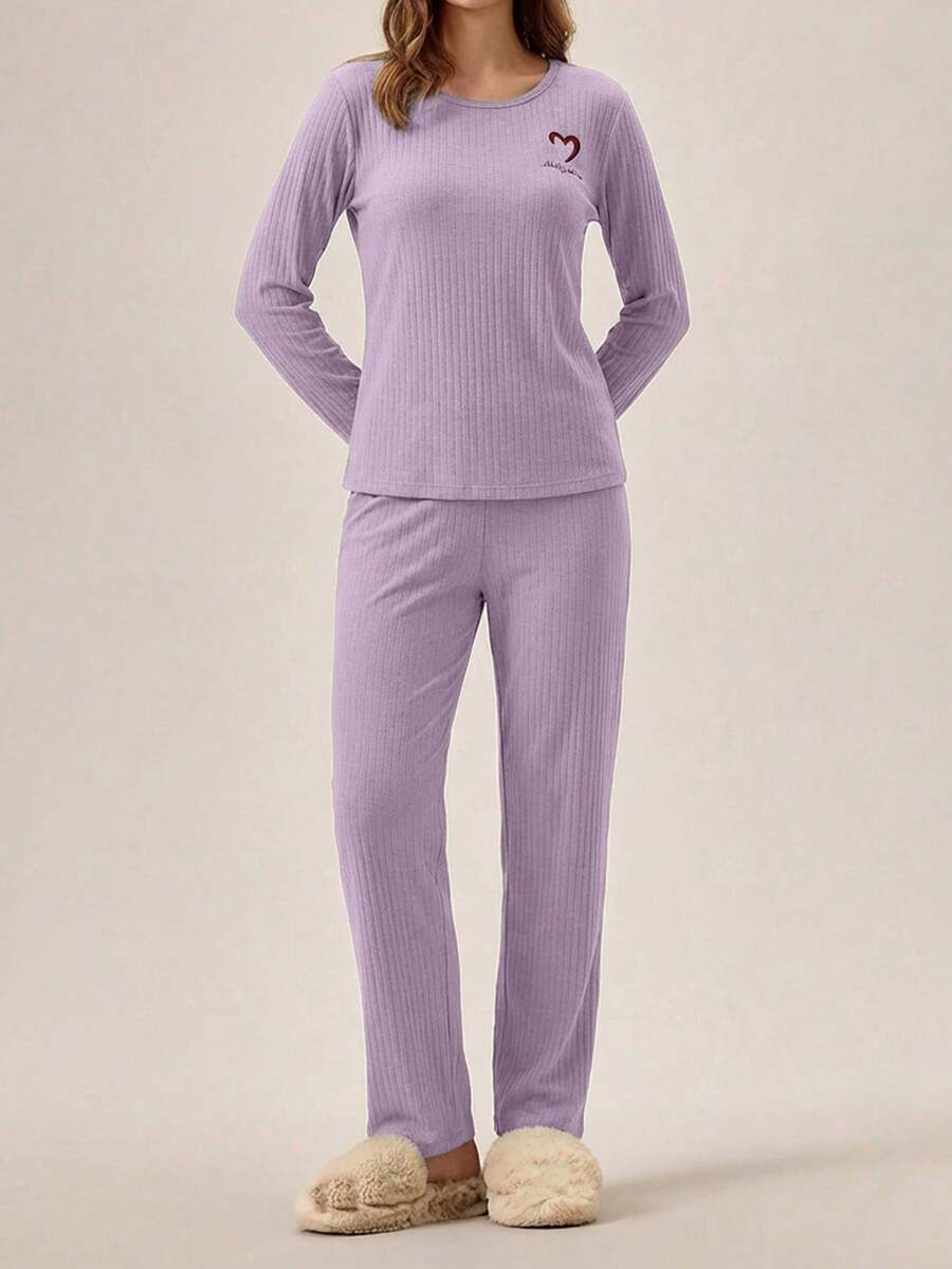 EURMUSE 100%Cotton Letter Embroidery Ribbed Knit Lounge Set - Lilac Purple - View 1
