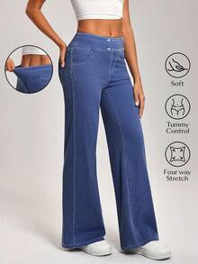 Flexra Quần jeans ống rộng cạp cao giặt thường ngày cỡ lớn - Rửa trung bình - Xem 8
