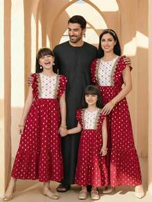 SHEIN Robe ronde de luxe à pois dorés pour préadolescentes, printemps/été, avec dentelle dorée délicate et volants en patchwork floral. Convient pour les mariages, les galas de gala et les événements culturels - Rouge - Voir 3