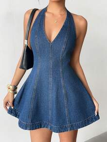 Aloruh Women's Sexy Deep V-Neck Sleeveless Short Denim Dress,Valentine's Day,Summer,Carnival,Beach,Party,Elegant Party Dress,Going Out - Blue - View 7