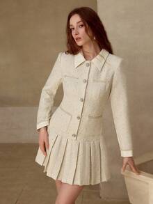 MOTF PREMIUM 女士粗花呢撞色褶裥下摆连衣裙 - 白色 - 查看 4