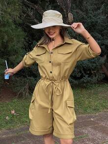 Livesso Women's Loose Casual Fashion Design Large Pocket Decor Lightweight Outdoor Street Tie-Up Drawstring Waist Turndown Collar Shirt Style Short Sleeve Cropped Jumpsuit, Spring/Summer Romper Lounge Sets For Women - Mustard Yellow - View 6