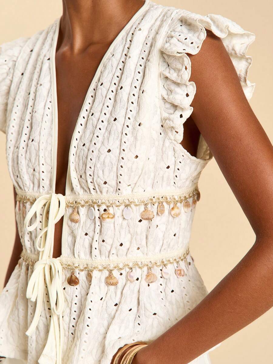 Travachic Top tricoté col V blanc bohème pour femmes, détail coquillage perle, manches avion, vacances d'été, élégant, vacances à la plage, tops décontractés pour fête bohème - Nude - Voir 1