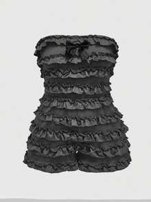 ROMWE Grunge Punk Mono mini con volantes multicapa de color negro sólido estilo Harajuku chic para mujer de talla grande - Gris Oscuro - Ver 1