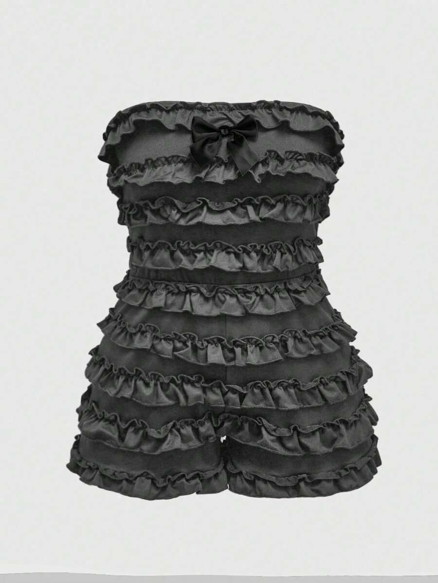 ROMWE Grunge Punk Mono mini con volantes multicapa de color negro sólido estilo Harajuku chic para mujer de talla grande - Gris Oscuro - Ver 1