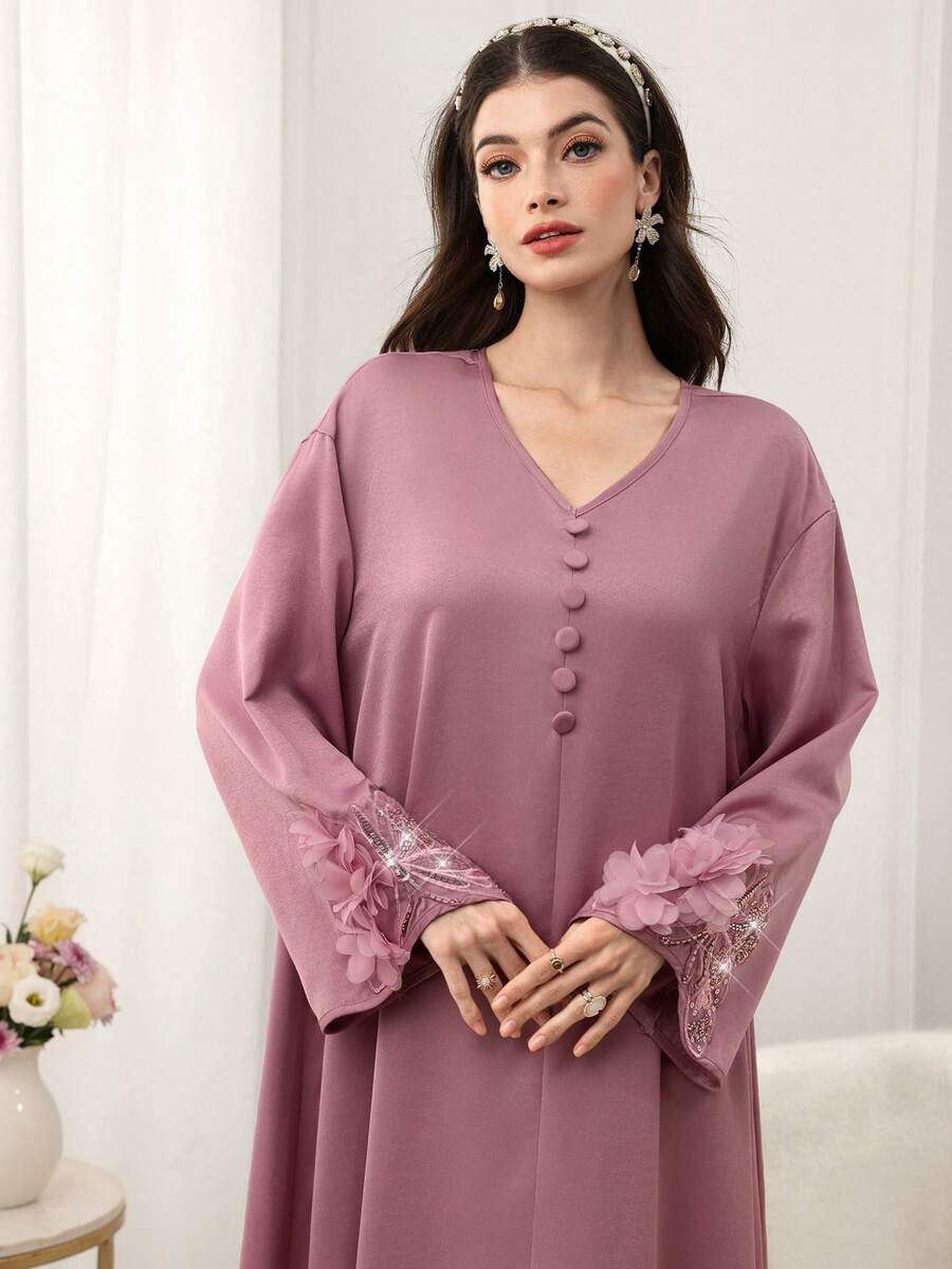 Al Najma Women's Spring/Summer Pink Woven Silk Acetate Satin Button Front Long Sleeve Butterfly Floral Elegant Arabic Dress - Pink - View 1