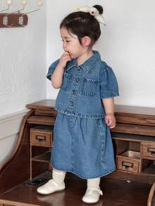 DAZY 2件套女婴休闲韩版水洗牛仔翻领上衣和牛仔裙套装 - 中等水洗藍 - 查看 4