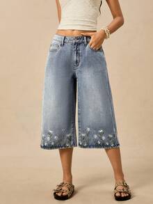 Easelle 女士宽松做旧刺绣时尚休闲牛仔裤，夏季 - 藍色 - 查看 4