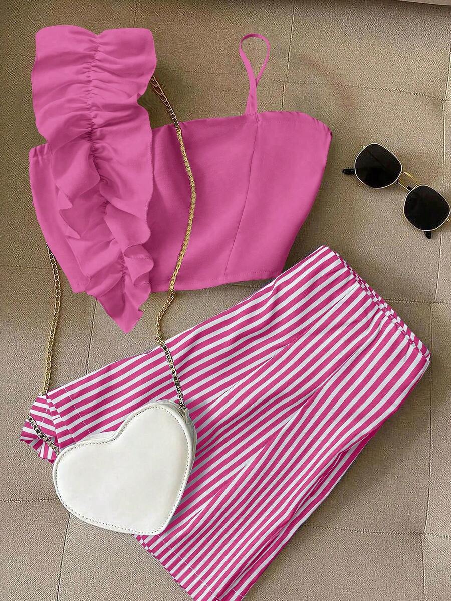 GlowEve 2pcs/Set Striped Asymmetrical Top & Striped Shorts - Hot Pink - View 1