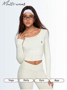 Eassivo Eassivo 女士长袖修身瑜伽上衣，普拉提训练运动服，跑步健身运动服 - 米色 - 查看 7