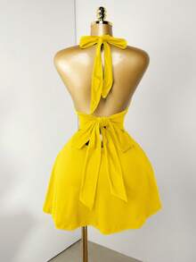 Mistrie Black Tight-Fitting Romper With Deep V-Neck, Backless Strap - Yellow - View 2