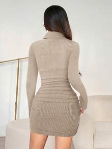 SHEIN PETITE Women's Solid Color High Collar Long Sleeve Minimalist Casual Short Dress Women Long Sleeve Dress Women Sexy Dress Skin Tight Dress Turtle Neck Dress Women Bodycon Dress - Apricot - View 2