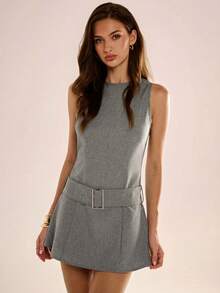 Avenya 女士休闲圆领系带无袖连衣裙 - 灰色 - 查看 4