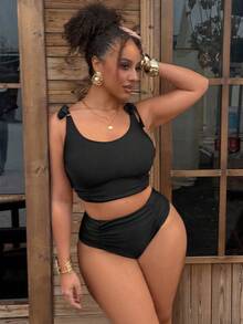 Swim Vcay Plus Size Women Solid Color Knotted Shoulder Tankini Swimwear Set - Black - View 4