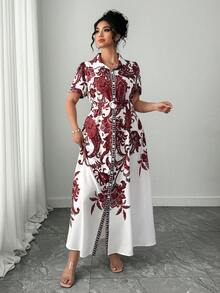 Elenzga Damen Große Größen elegantes Retro-Muster Taillengürtel Puffärmel Hemdkleid, Frühlings-/Sommer-Resort-Kleid - Bordeaux - Übersicht 4