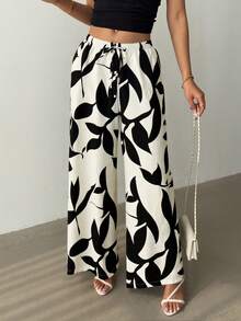 Rafferiza 女士休闲阔腿裤，人字纹花卉图案，收腰设计 - 彩色 - 查看 6