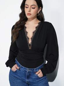 Maija Plus Size Women's Black Lace Solid Color Elastic Ruffle Sleeve Bodysuit, Romantic, Fashionable, Versatile; Comfortable, Elegant, Casual, Simple For Daily Wear, Essential, Holiday Leisure, Appropriate, Single Lady, Elegant Fashion Business Casual Outerwear Top - Burgundy - View 1