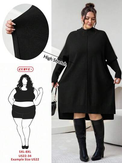 SHEIN CURVE+ 大码修身高领毛衣连衣裙，侧开衩设计，前短后长下摆，撞色袖子。采用多色纱线制成，舒适高品质。适合派对、音乐节、居家穿着、返校活动、送礼和购物。高领毛衣，冬季女装，优雅女装，秋季修身连衣裙，冬季服装，办公连衣裙，经典连衣裙，优雅连衣裙
