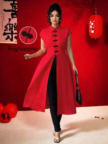 Elenzga 情人节加大码女士优雅旗袍领中式纽扣腰部开衩不对称衬衫，情人节 - 紅色 - 查看 3