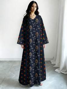 SHEIN Najma 女士花卉叶子刺绣印花V领长袖优雅阿拉伯风格长款连衣裙，春秋季 - 彩色 - 查看 3