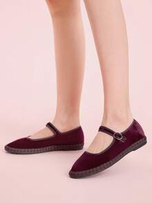CUCCOO DOLLMOD Sepatu Flat Mary Jane Klasik Nyaman Berwarna Burgundy Velvet untuk Wanita, Sepatu Musim Semi yang Elegan & Modis - Burgundy / Coklat - View 3