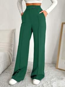 EURMUSE Women's Casual Versatile Commuter Solid Color High Waist Suit Pants - Green - View 7