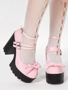 ROMWE Kawaii Giày cao gót đế dày kiểu Gothic dành cho nữ, giày Mary Jane cao gót hai tông màu phong cách Punk mùa xuân/thu, khóa kim loại hai dây đính đinh tán, thích hợp cho tiệc tùng hoặc đi học. - Hồng - Xem 1