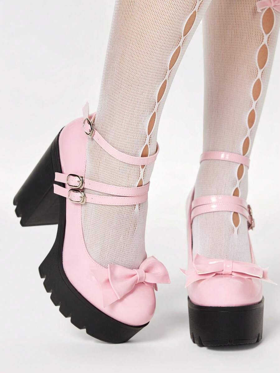 ROMWE Kawaii Giày cao gót đế dày kiểu Gothic dành cho nữ, giày Mary Jane cao gót hai tông màu phong cách Punk mùa xuân/thu, khóa kim loại hai dây đính đinh tán, thích hợp cho tiệc tùng hoặc đi học. - Hồng - Xem 1