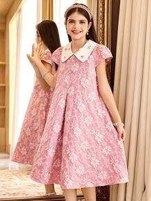 SHEIN Đầm ngắn tay thanh lịch họa tiết hoa jacquard dành cho bé gái tuổi teen - Hồng - Xem 7