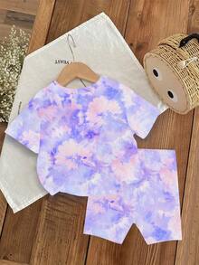 2pcs/Set Young Girls Casual K-POP Cartoon Girl Tie-Dye Pattern Short Sleeve Knit T-Shirt And Matching Tie-Dye Shorts Set, Girls Everyday & Holiday Comfortable Knit Outfit, Sporty Fashion Set For Summer - Multicolor - View 2