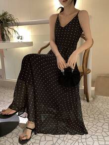 DAZY 女士波点优雅时尚约会派对长吊带连衣裙 - 棕色 - 查看 8